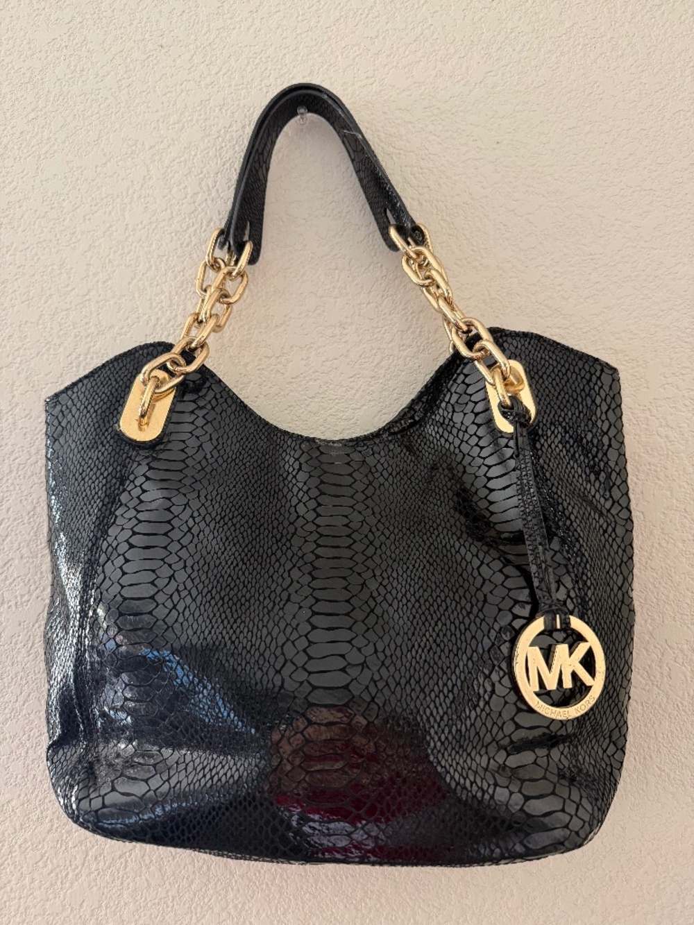 Michael Kors Fulton Large Black Python Embossed Leather Hobo Bag